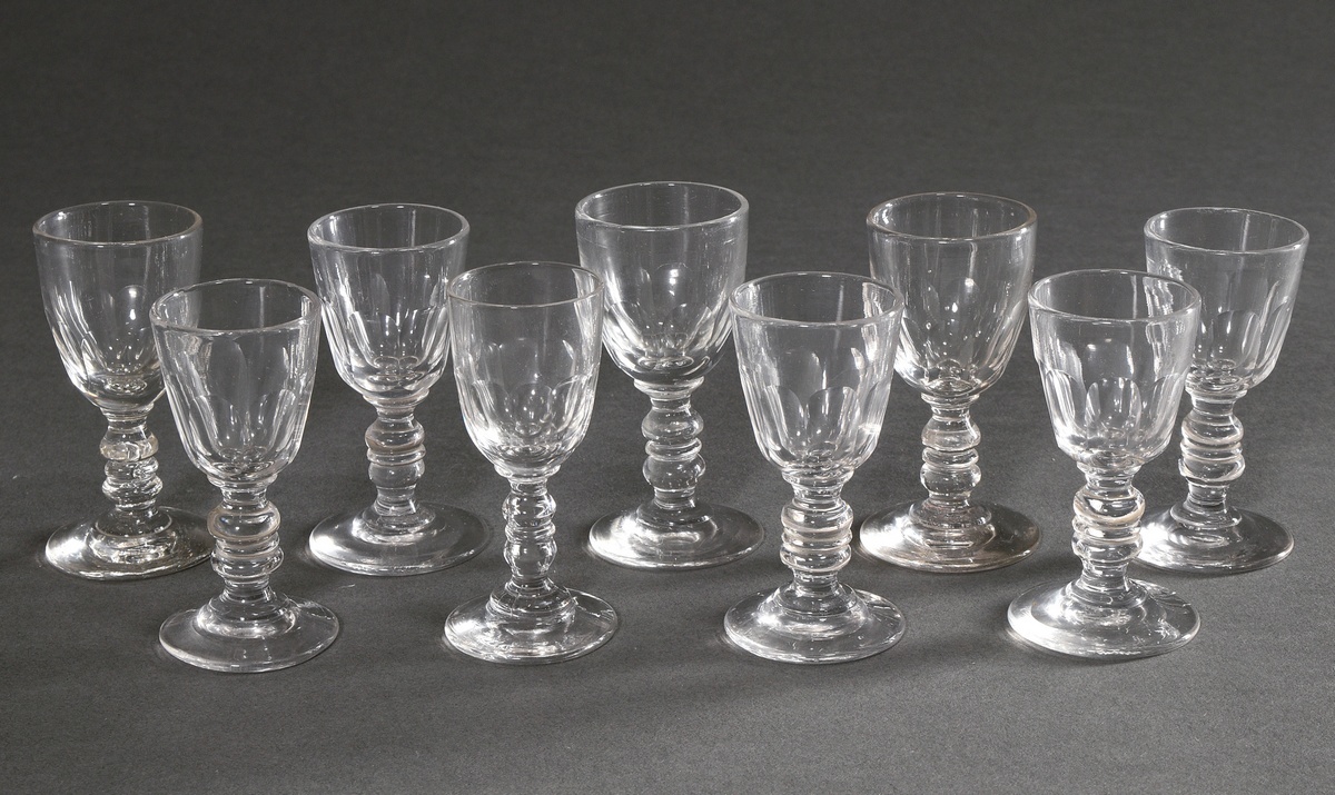 9 shot glasses with half surface cut on the bowl and double nodus in the stem, around 1900, h. 8.4- - Image 2 of 3
