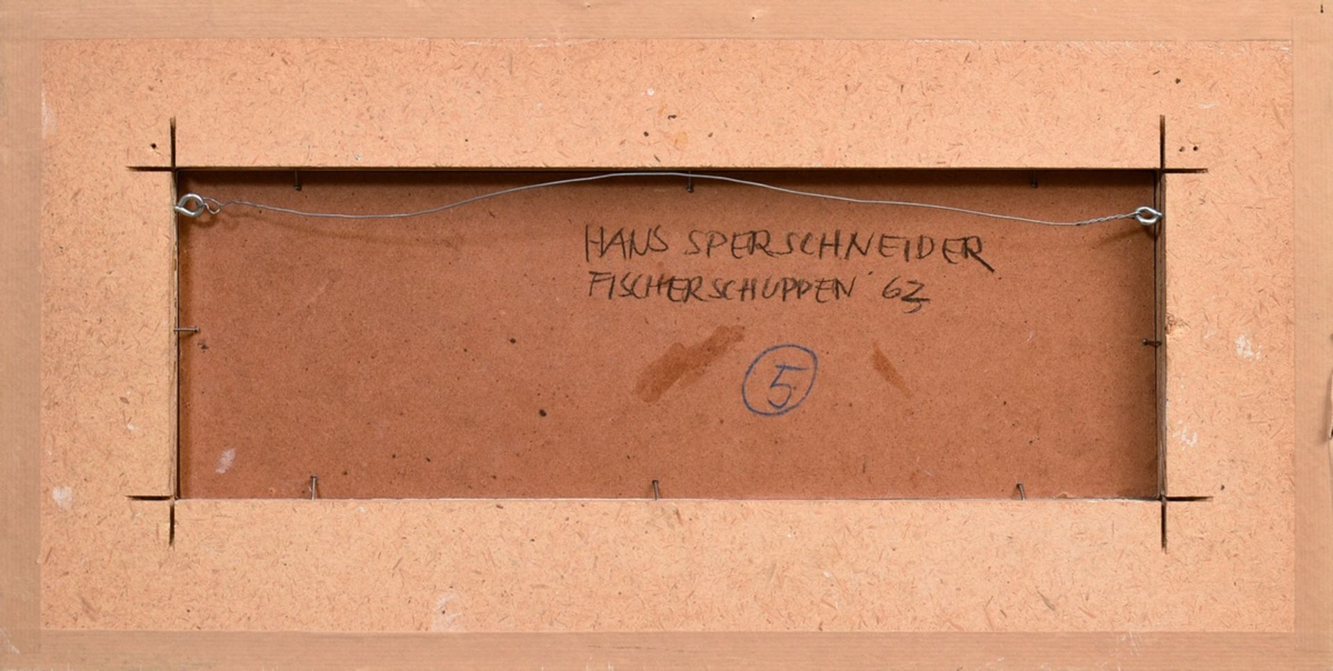 Sperschneider, Hans (1928-1995) "Fischerschuppen" 1963, Öl/Platte, u.r. monogr./dat., verso sign./d - Bild 4 aus 5