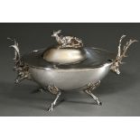 Decorative hunting lidded tureen with ovoid body on naturalistic cloven-hoofed feet and stag head h