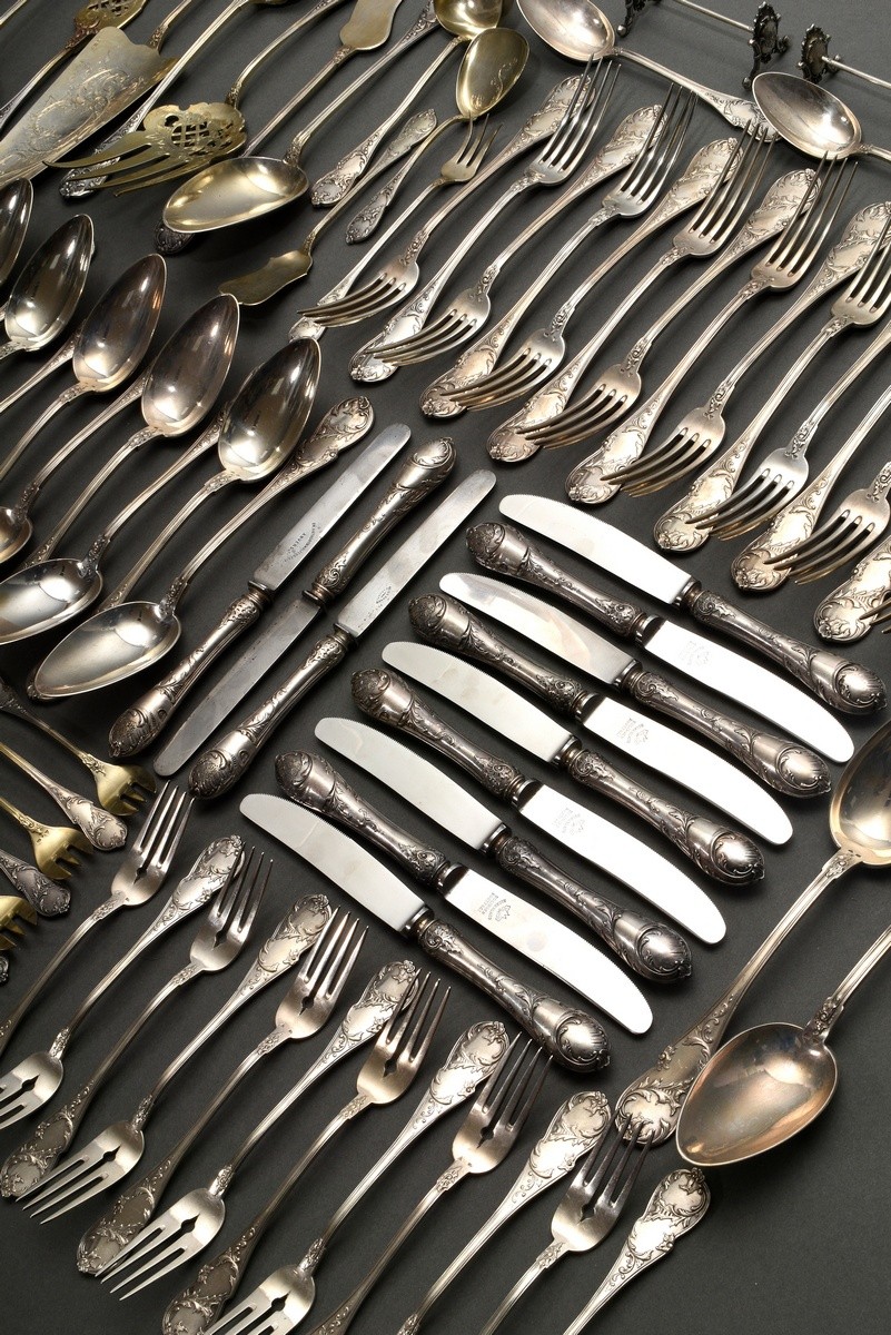 195 Pieces Neo-Rococo cutlery with rocailles and alloy monogram ‘RJH’, silver 800, 8420g (o. knives - Image 9 of 21