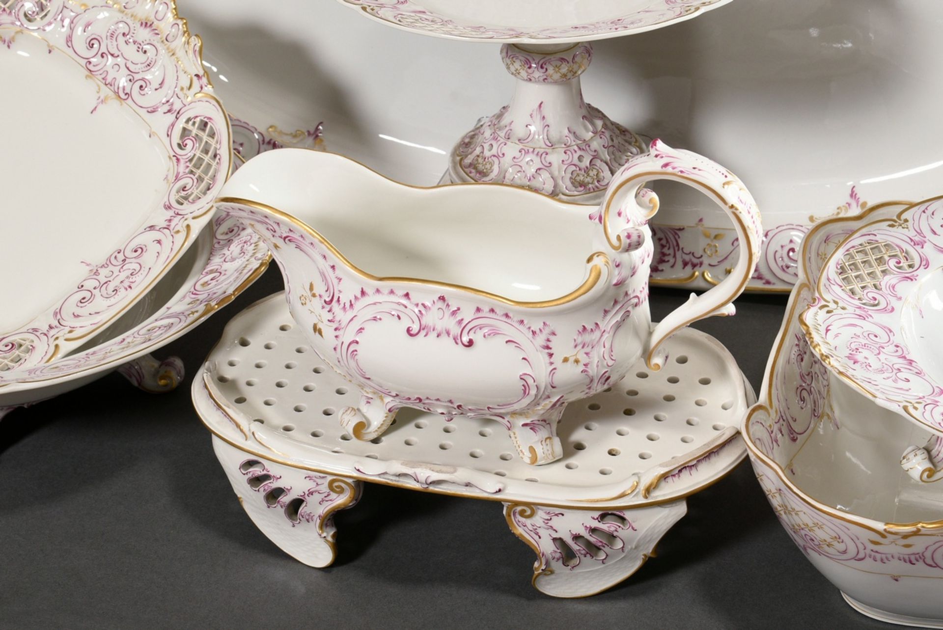 69 Pieces KPM dinner service in Rococo form with purple and gold staffage, red imperial orb mark, c - Image 4 of 22
