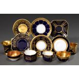 6 Various mocha cups/saucers with different classicistic gold decorations on a cobalt blue backgrou
