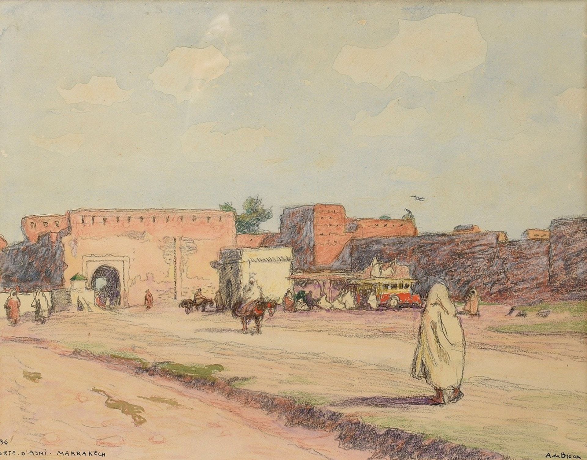 Broca, Alexis Louis de (1868-1948) "Porte D'Asni - Marrakech" 1936, watercolour/pastel crayon, pape