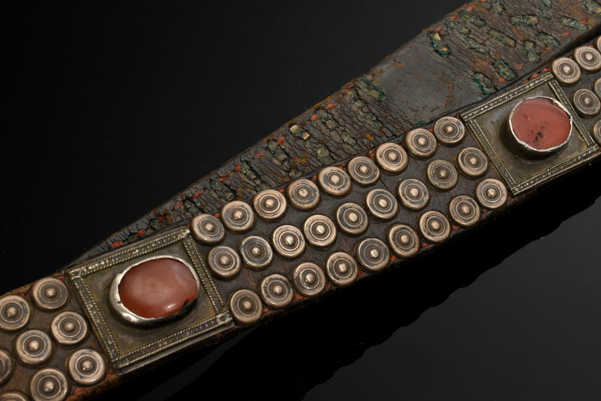 Tekke Turkmen horse necklace, leather band with circular silver rivets and rectangular carnelian-se - Image 2 of 6