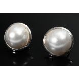 Pair of elegant 750 white gold clip earrings with Mabé pearls, 17.4g, Ø 2.1cm, 1 pearl damaged