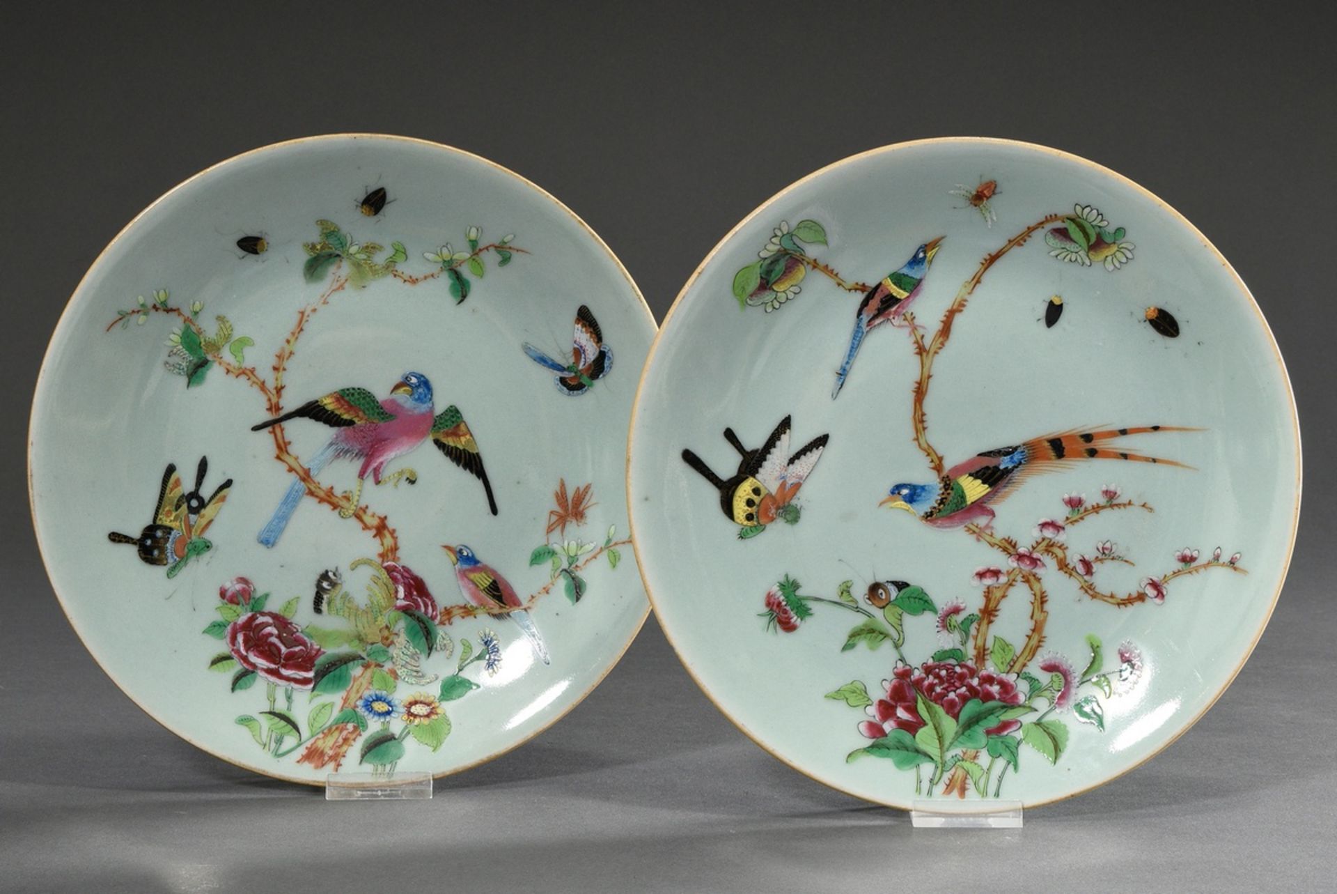 Pair of porcelain plates with polychrome enamel painting "Birds and Butterflies" on a delicate cela