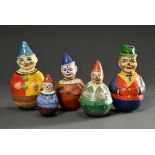 5 Diverse "Steh-Auf-Clowns", Papiermaché farbig bemalt und gespritzt, H. 12-22cm, stark bespielt, 1