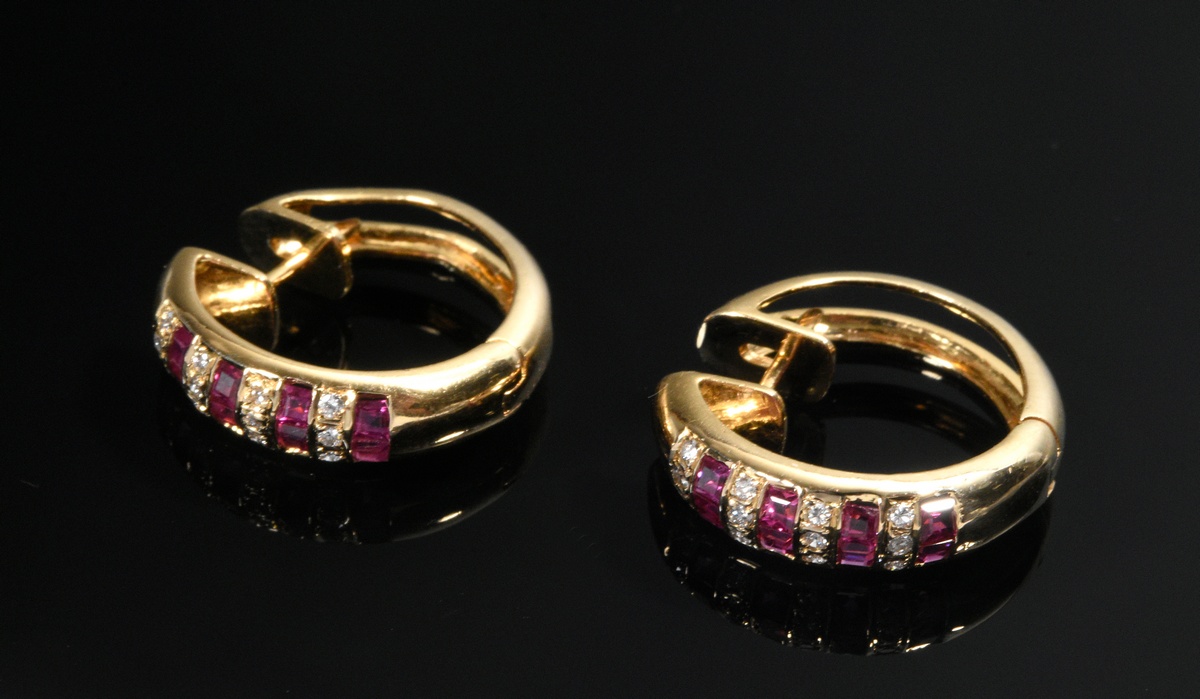 Pair of yellow gold 585 hoop earrings with 16 ruby carrés and 24 brilliant-cut diamonds (total appr - Image 2 of 2