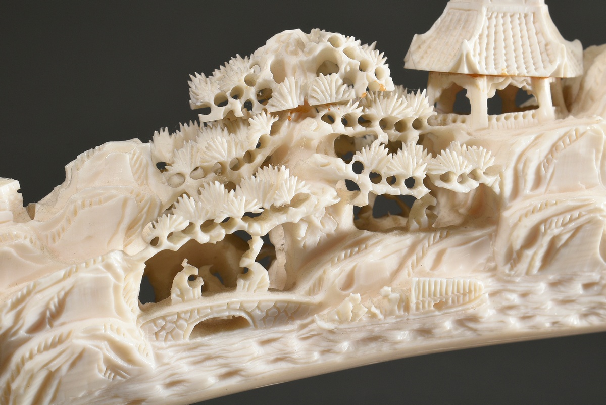Richly carved ivory tooth "Landscape with pagodas, trees and people" on a carved and patinated wood - Image 8 of 13