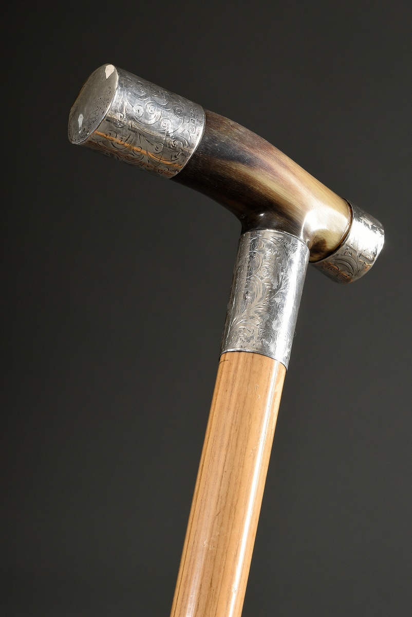 Walking stick with horn fritz crutch and florally chiselled mountings in silver 925, Feldman & Bros