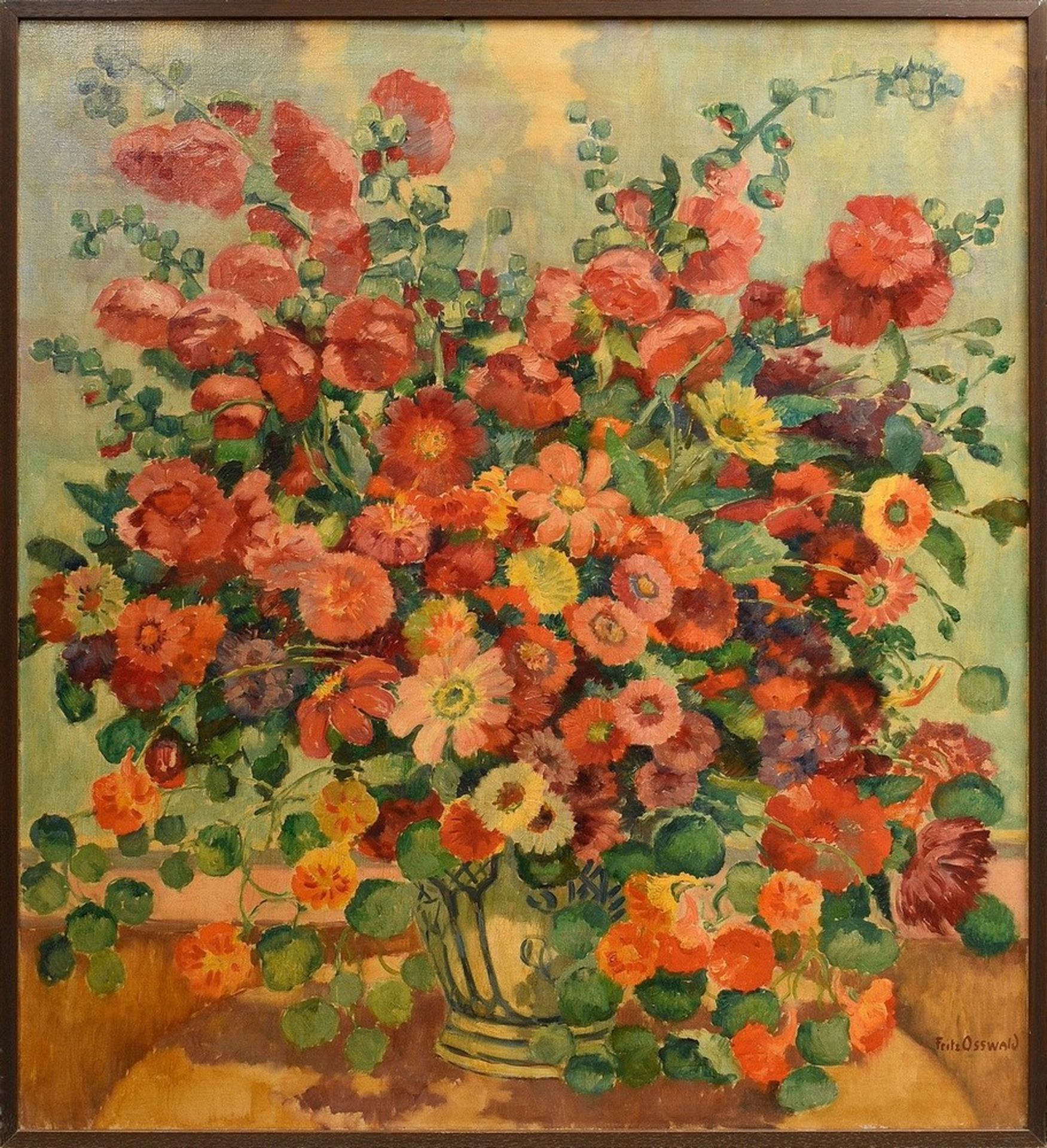 Osswald, Fritz (1878-1966) "Flower still life with stoneware jug", oil/canvas, sign. b.r., 111x101c