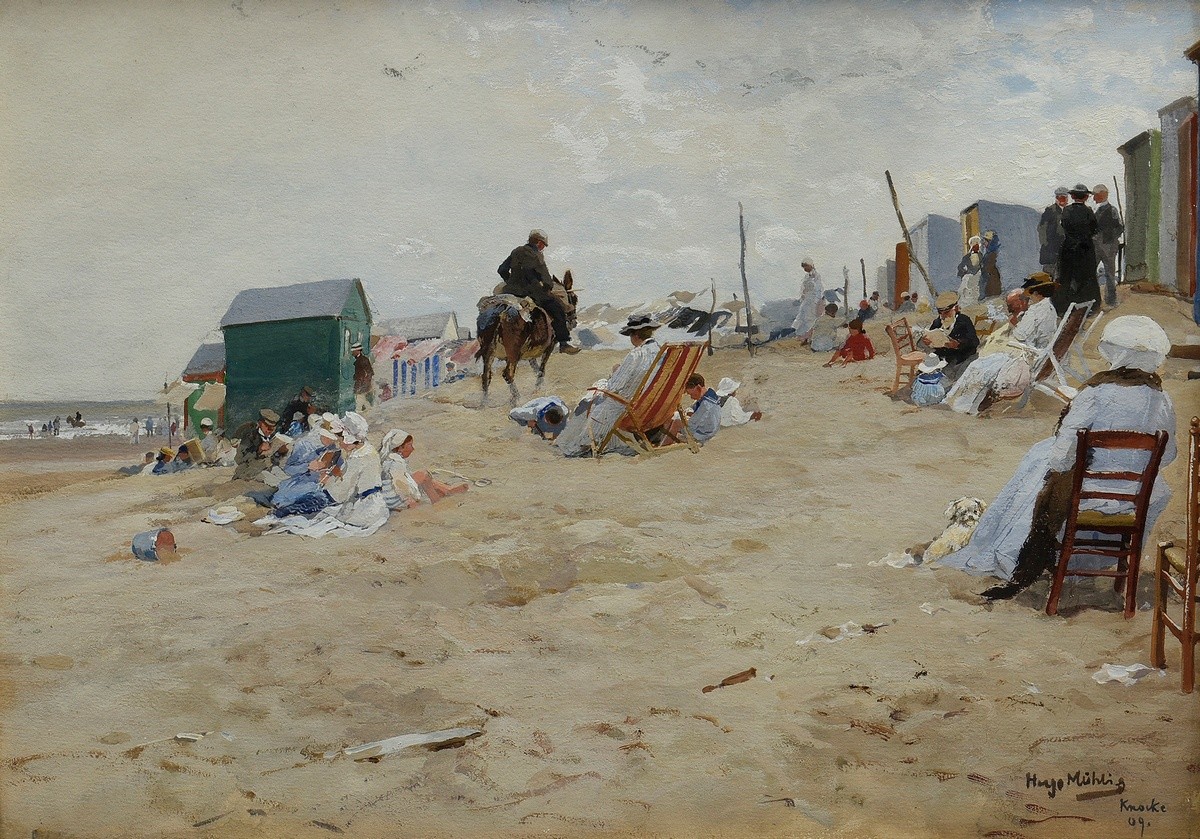 Mühlig, Hugo (1854-1929) "Beach life (Knocke)" 1909, gouache, b.r. sign./dat./inscr., verso sign./i