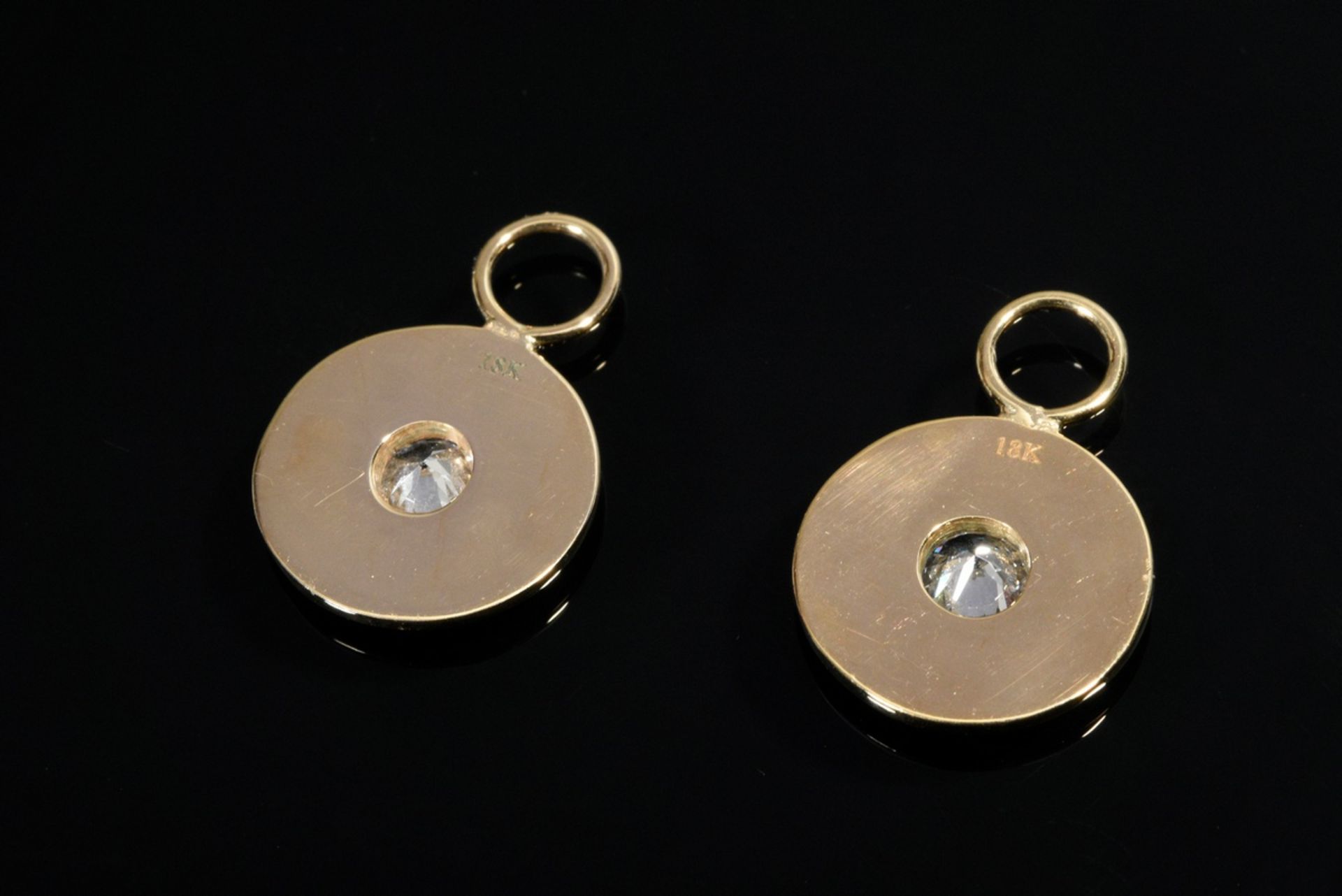 Paar Gelbgold 750 Scheibeneinhänger für Ohrringe mit Brillanten (zus. ca. 0.66ct/SI-P1/TCR), 4,8g,  - Bild 2 aus 2