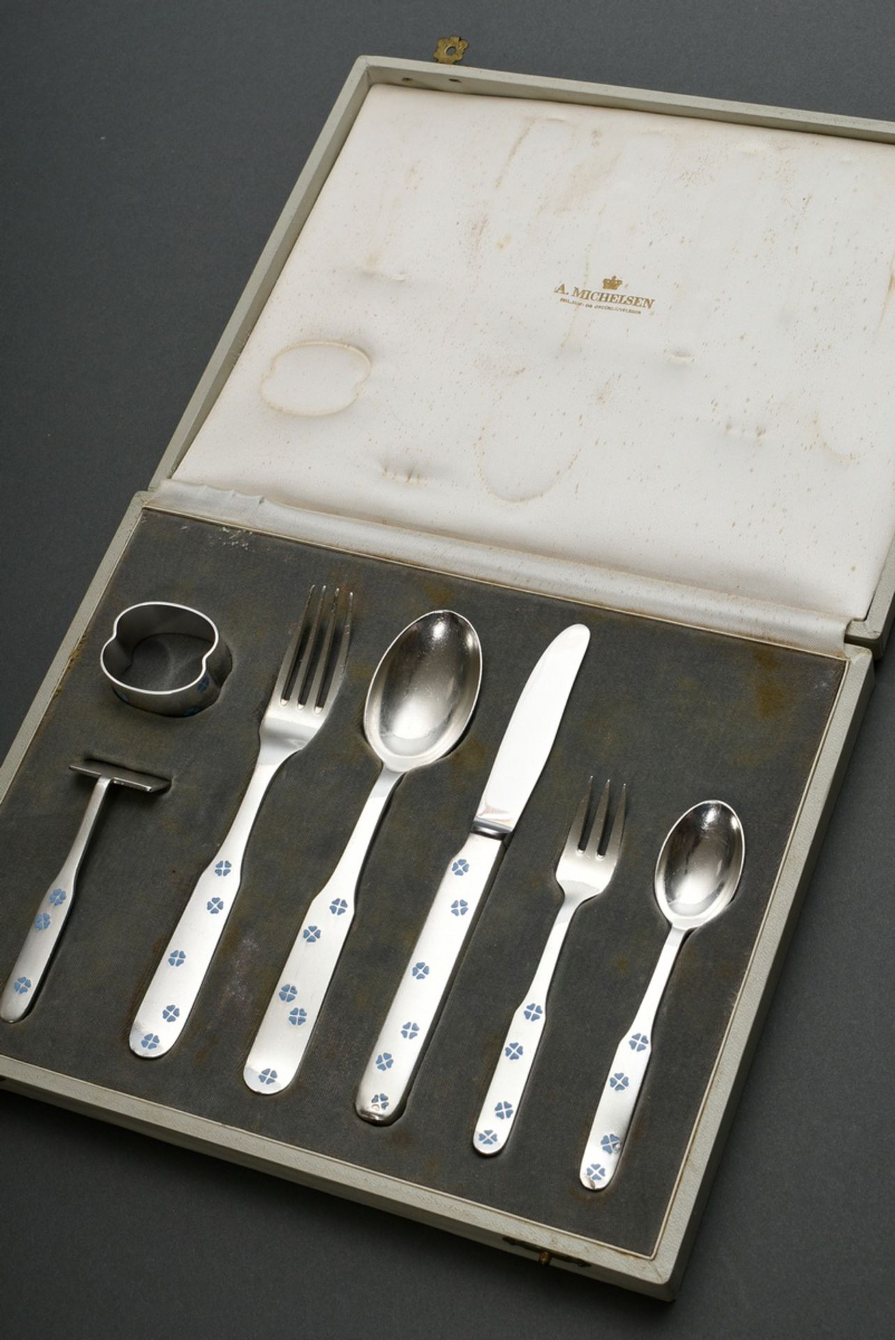 7 pieces Danish Midcentury christening cutlery with light blue heart-shaped flowers in Champlevé en - Image 3 of 4