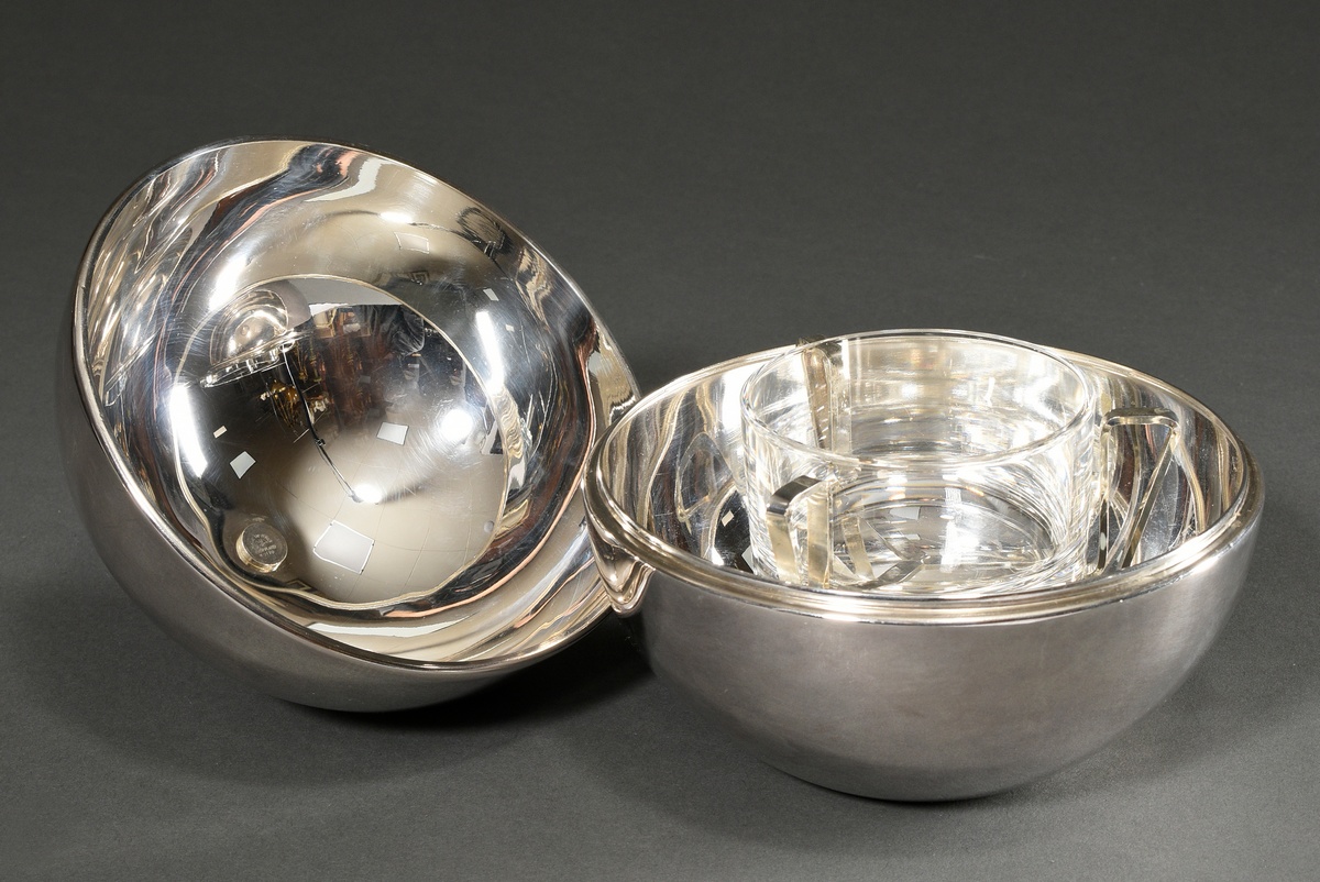 Spherical Midcentury caviar box with glass insert, Motto Italy, silver-plated metal, h. 18cm, Ø 17c - Image 3 of 7