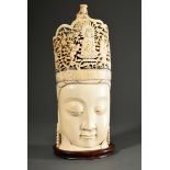 Large ivory carving ‘Head of Guanyin’ with openwork crown and depiction of Buddha with two adorants