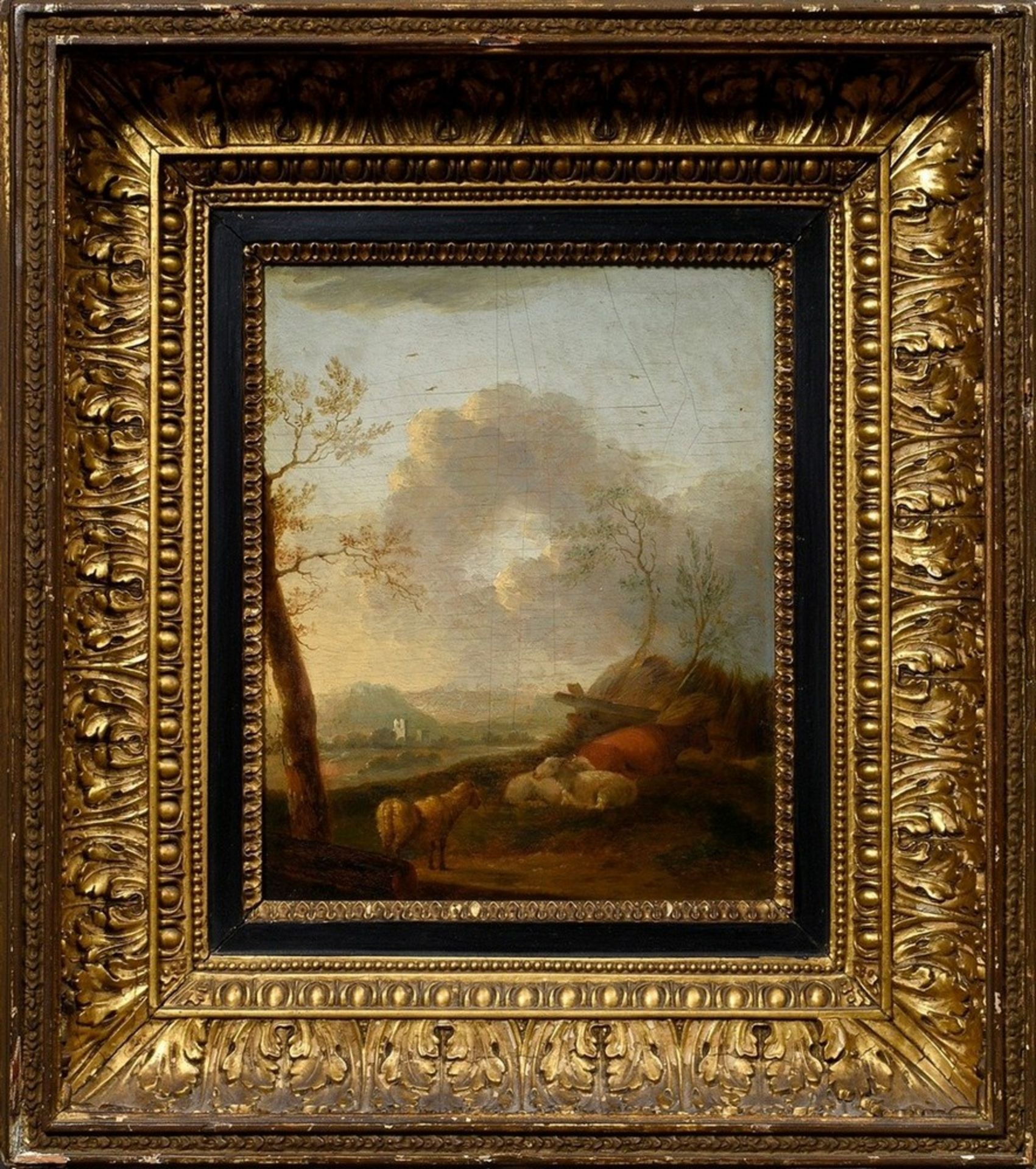 Schalcke, Cornelis S. van der (1611-1671) „Rastende Tiere vor weiter Landschaft“, Öl/Holz, u.l. sig - Bild 2 aus 6