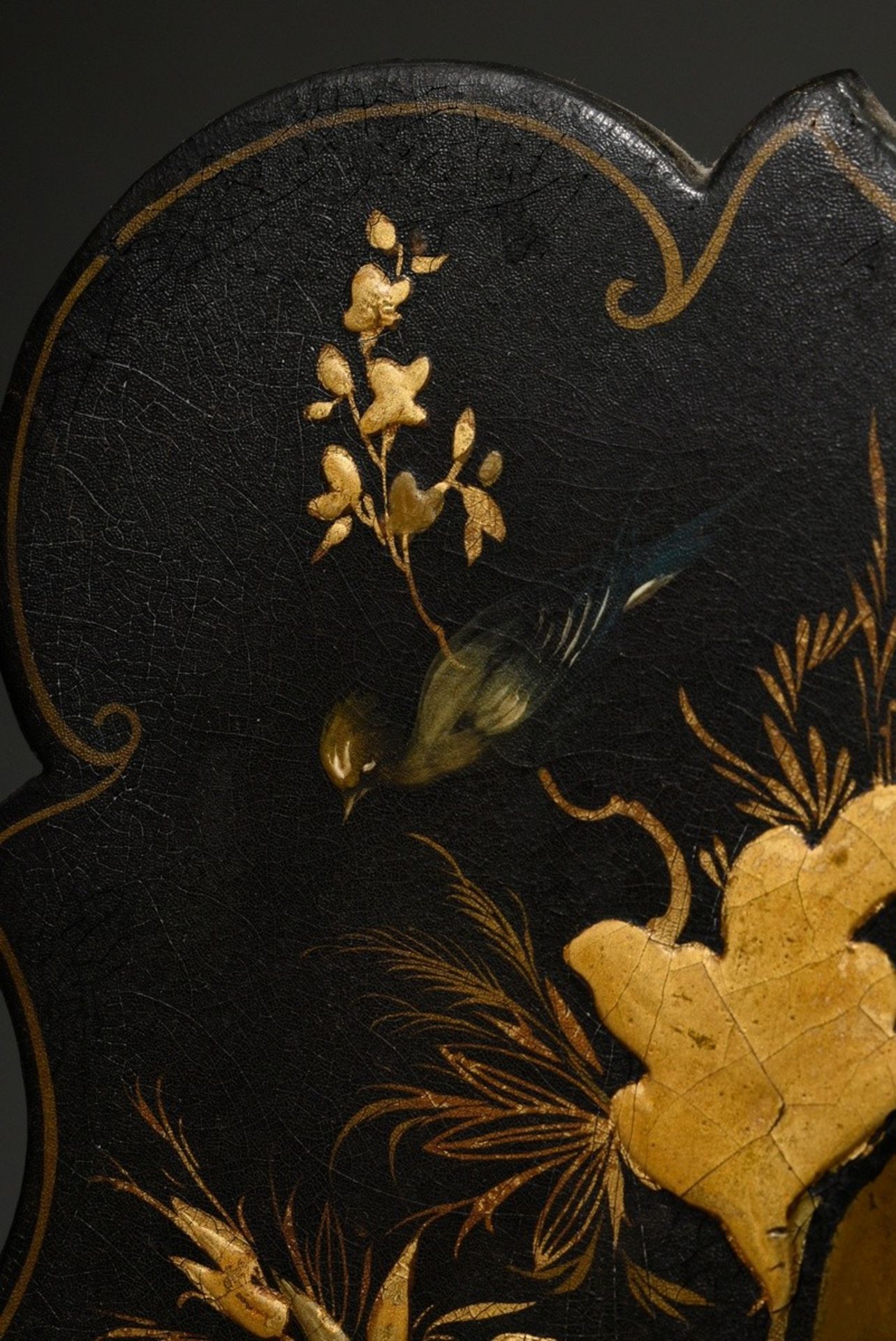 Small Regency mirror in papier-mâché frame with fine gold decoration on black lacquer background an - Image 3 of 4