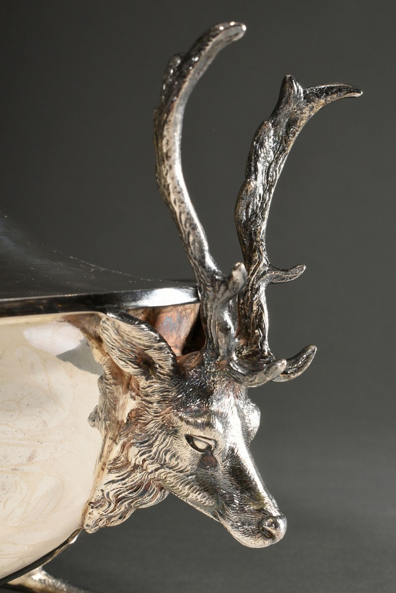 Decorative hunting lidded tureen with ovoid body on naturalistic cloven-hoofed feet and stag head h - Image 3 of 10