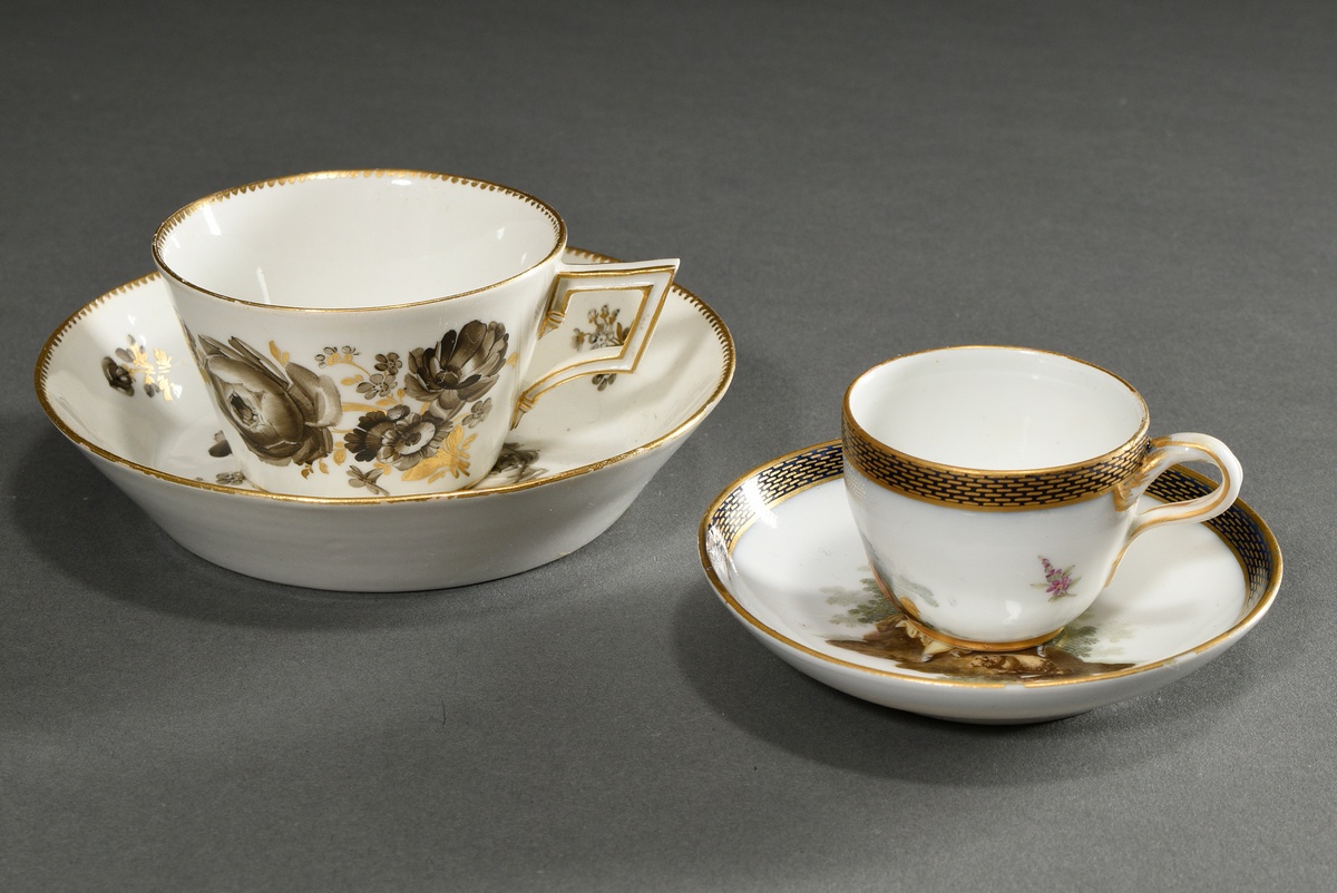 2 Various Meissen cups: 1 Marcolini teacup/ saucer with angular handle and grisaille painting with  - Image 2 of 8