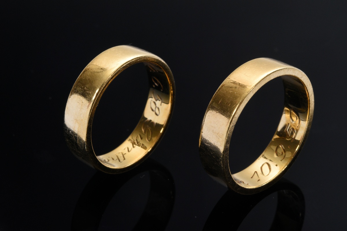 5 pieces yellow gold 750 jewelry: 2 wedding rings (size 53/55), pair of cufflinks with engraving "G - Image 2 of 4