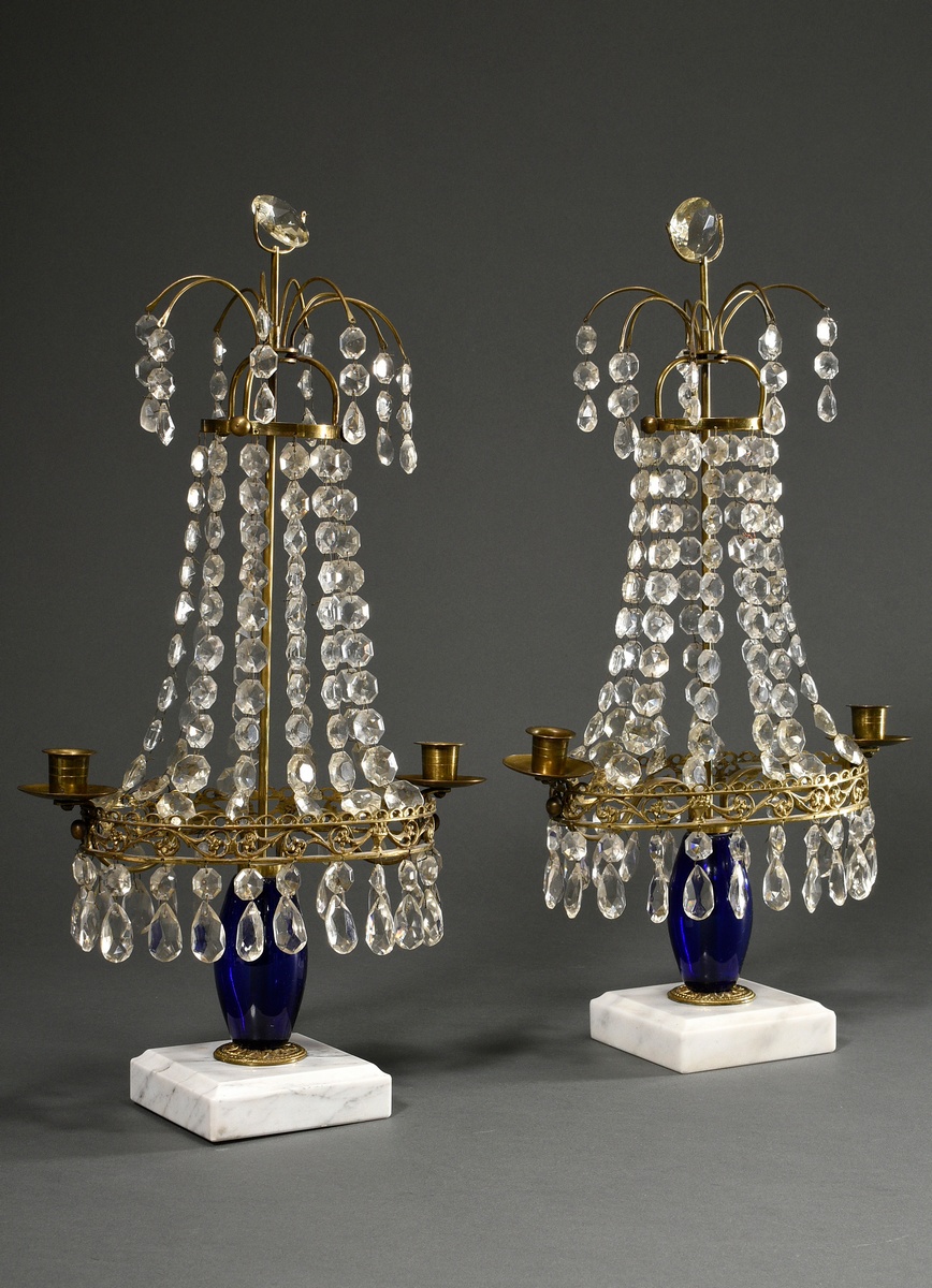 Pair of 2-light Empire table chandeliers on a marble base with Bristol glass baluster stem and pris