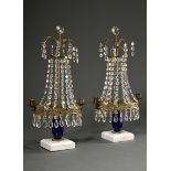 Pair of 2-light Empire table chandeliers on a marble base with Bristol glass baluster stem and pris