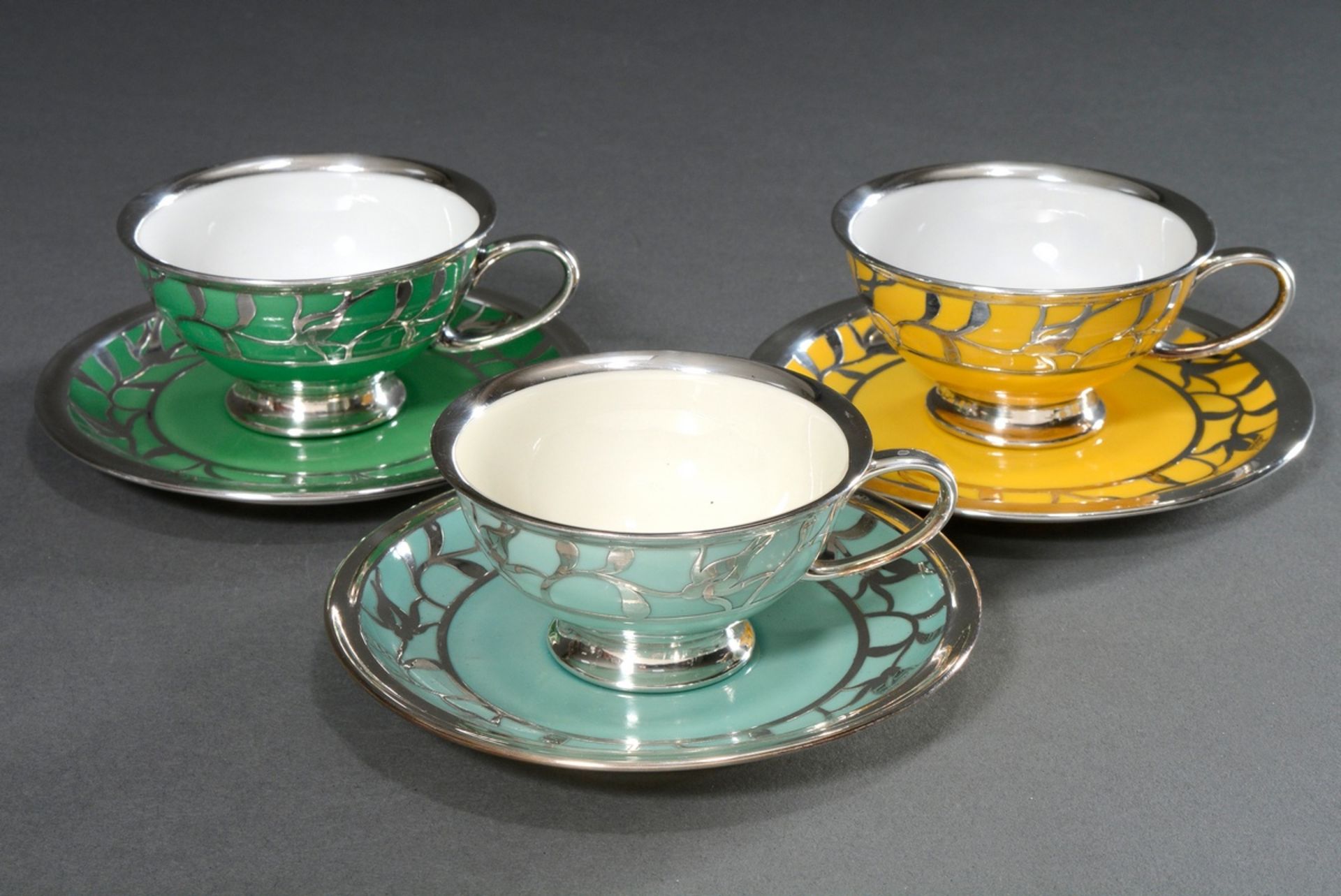 3 Various Rosenthal "Winifred" cups/saucer with floral silver overlay on blue, green and yellow gro - Image 2 of 3