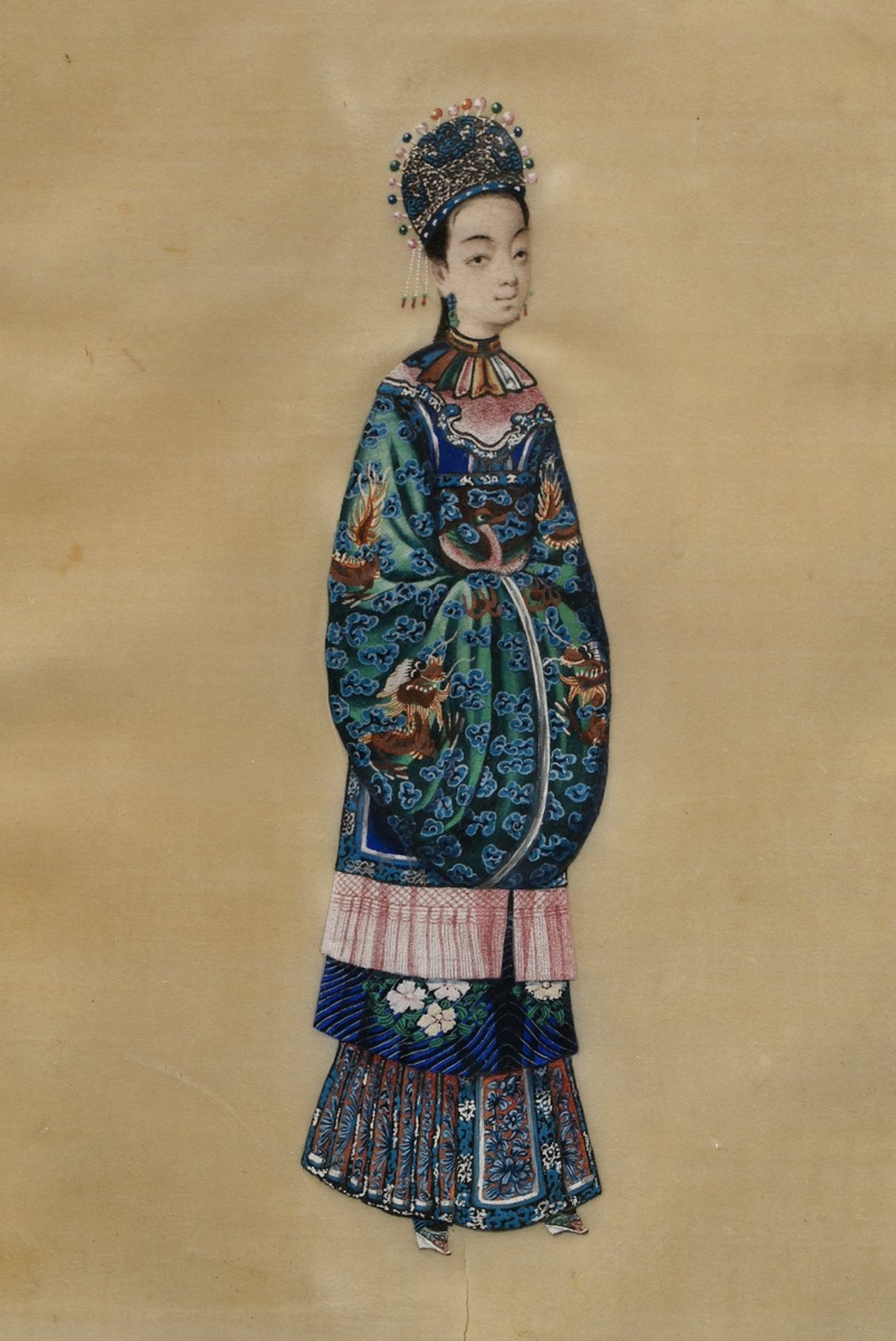 A pair of fine tsuso paintings "Mandarin and Chinese lady", gouache on marbled paper, Canton c. 183 - Image 6 of 7