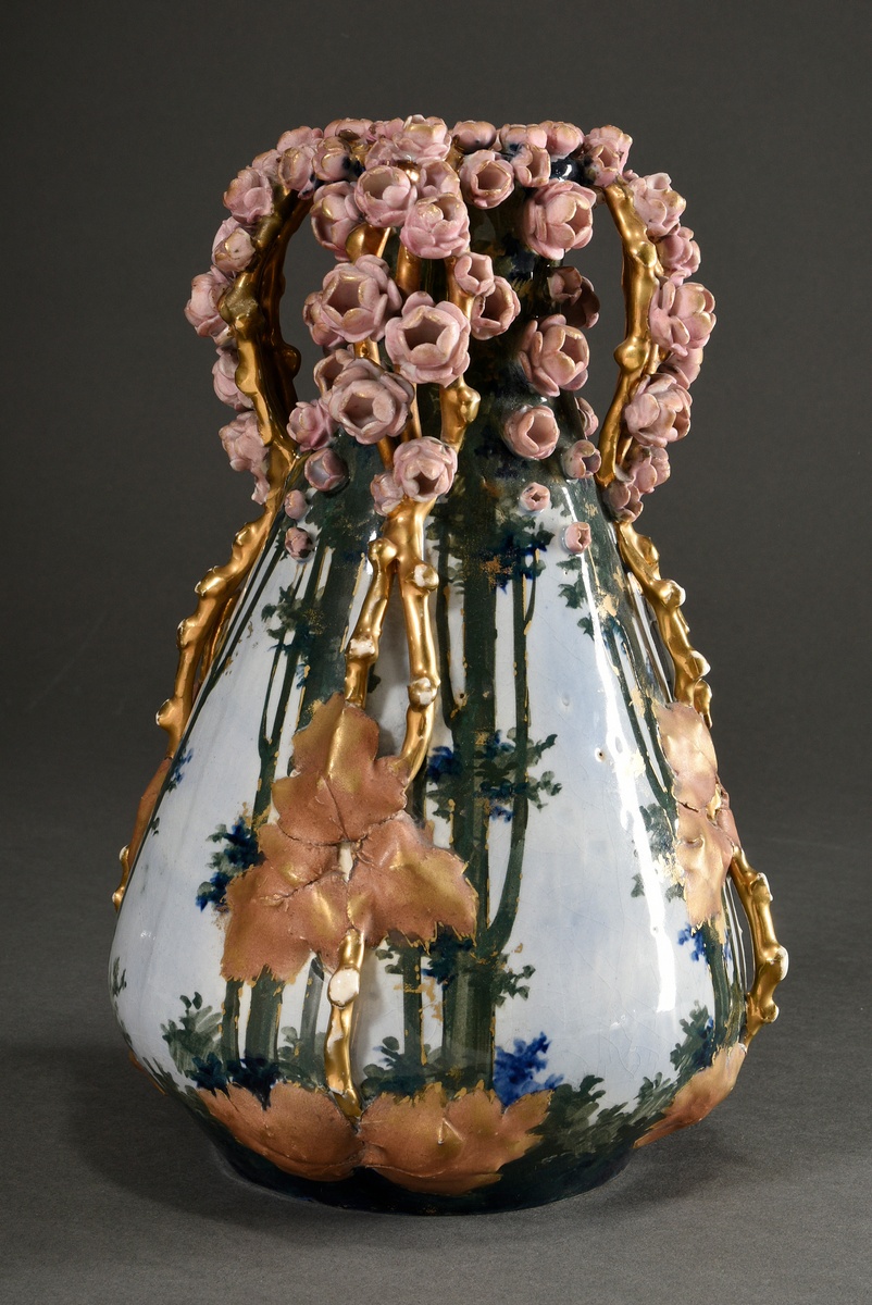 2 Various pieces of Art Nouveau ceramics with sculptural flowers and powdered gold decoration, Amph - Image 9 of 12