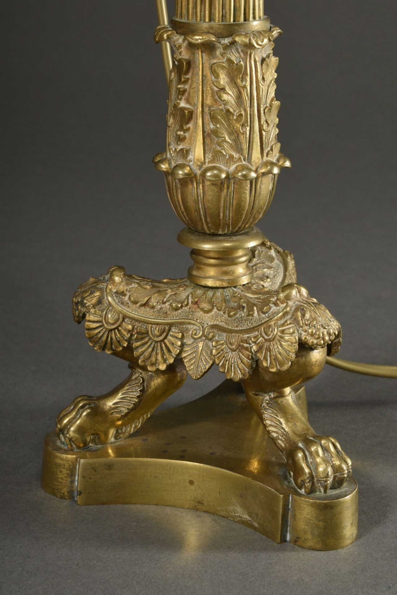 Large Empire column chandelier on 3 lion's paws with acanthus leaf apron and cuff and flower basket - Image 3 of 4