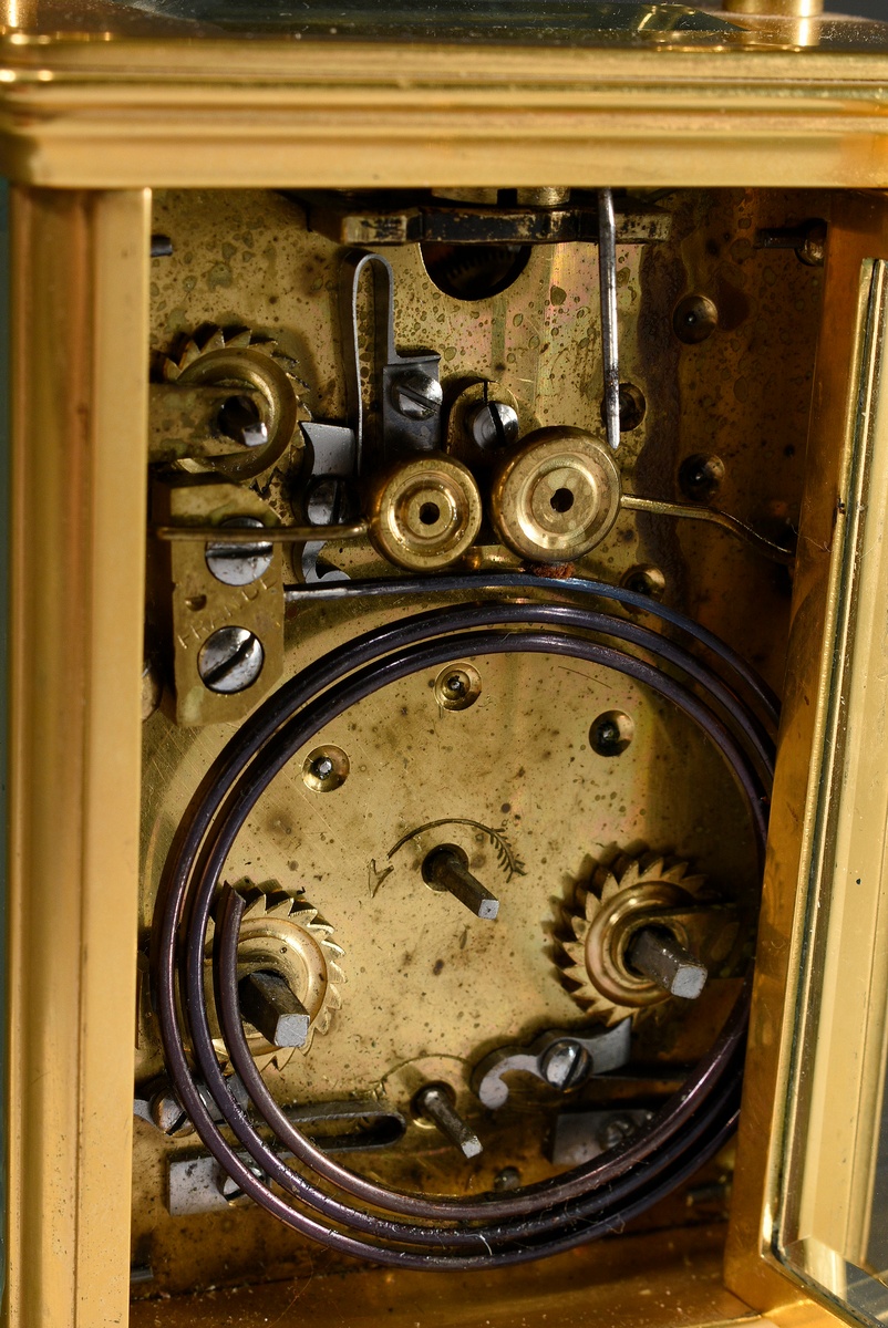 French travel alarm clock in all-round facet glassed and gilded brass case, enamelled dial with Rom - Image 7 of 7