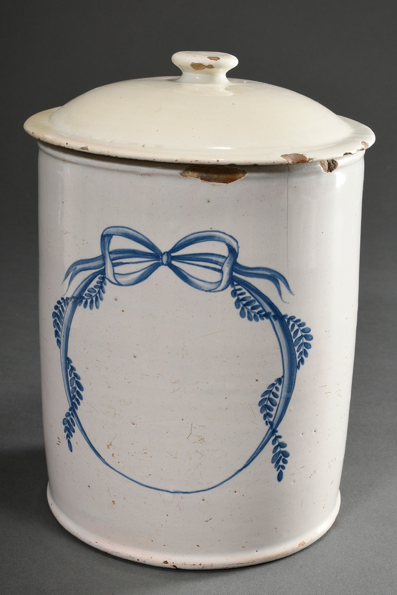 3 Various cylindrical faience pharmacy vessels with blue painted cartouches, c. 1800, 1x with lid,  - Image 8 of 14