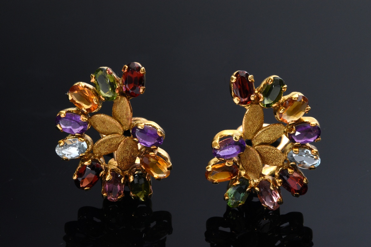 Pair of H. Stern yellow gold 800 earclips in fan facon with topazes, citrines, amethysts and garnet