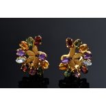 Pair of H. Stern yellow gold 800 earclips in fan facon with topazes, citrines, amethysts and garnet