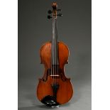 Deutsche Geige, wohl Sachsen um 1900, ohne Zettel, geteilter und geflammter Boden, spielbar, L. 59,