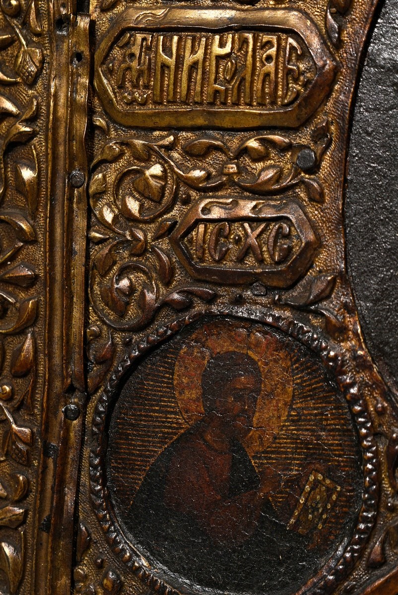 Russian icon "Saint Nicholas" under a florally embossed brass oklad, egg tempera/chalk ground on wo - Image 6 of 10