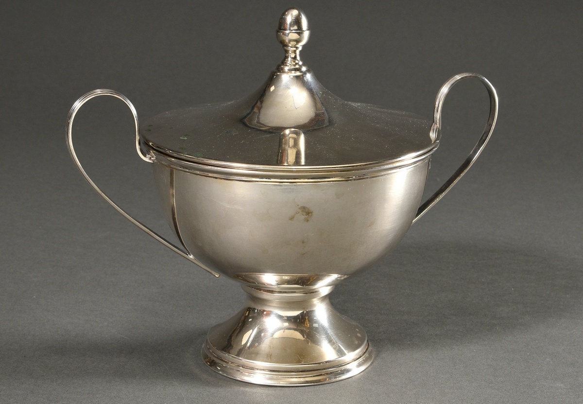 Round lidded tureen in a simple design with handles on both sides, silver 800, 573g, h. 20.2cm, rub