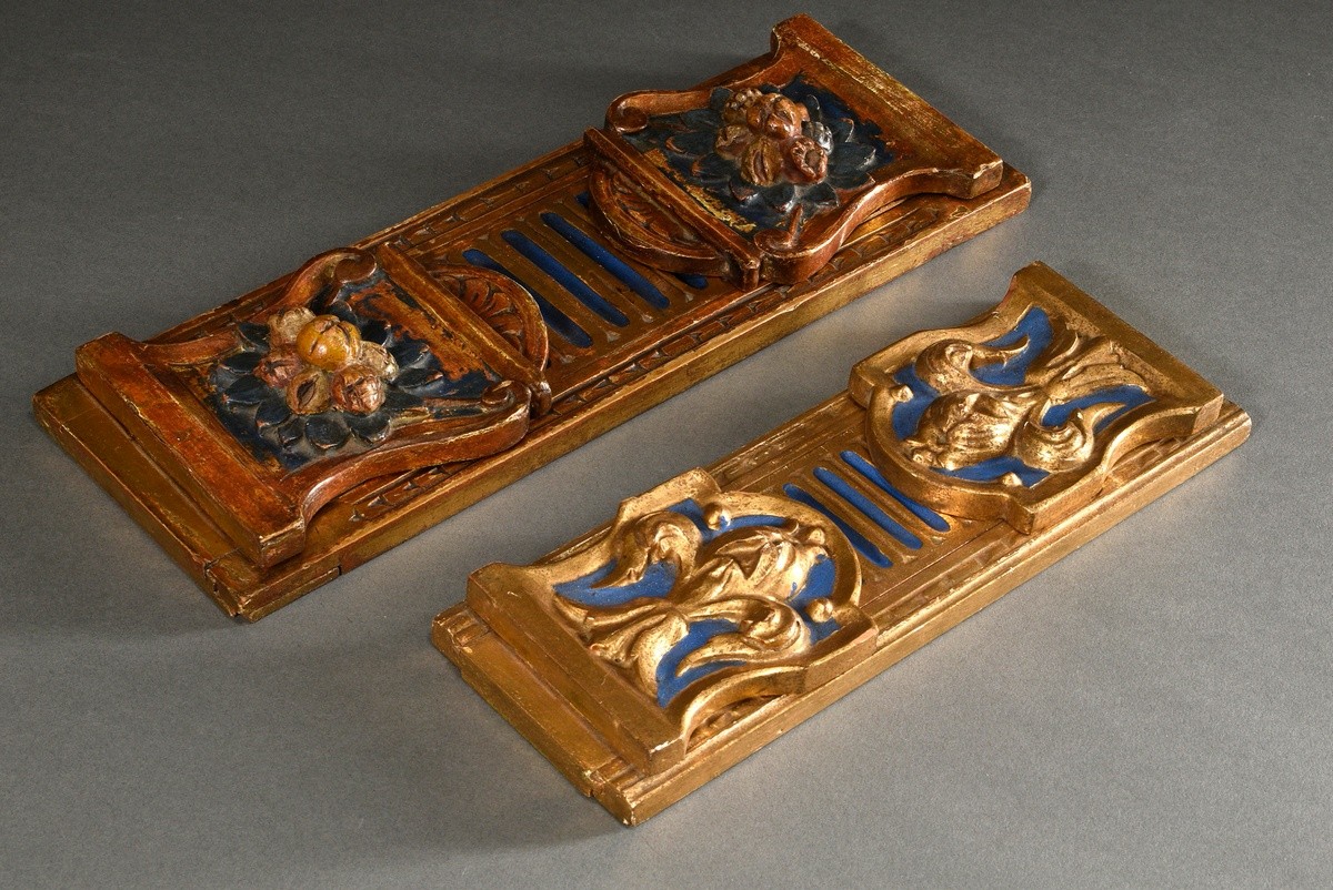 2 various size-adjustable bookends, carved wood, coloured and gilded, Italy early 20th century, 41. - Image 5 of 5