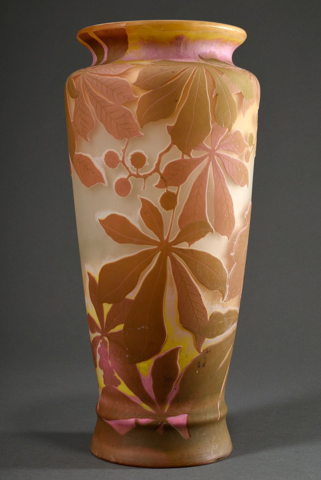 Very large Art Nouveau Gallé vase in conical baluster shape with rosé-light brown overlay and "ches