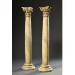 Pair of wooden columns with Corinthian capitals, marbled shafts and round bases, 18th century, h. a
