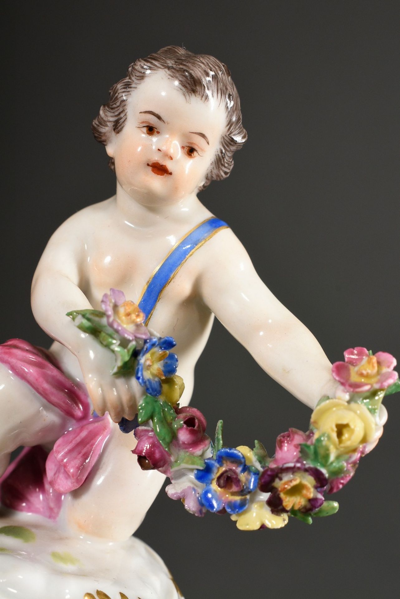 2 Meissen figures "Flower Children": boy with flower garland and girl with flower basket on rocaill - Image 4 of 6