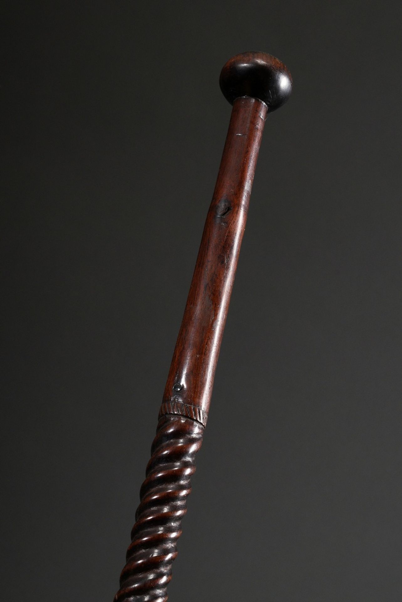 Antique hardwood walking stick with partially turned shaft and ball pommel, probably 18th century, 