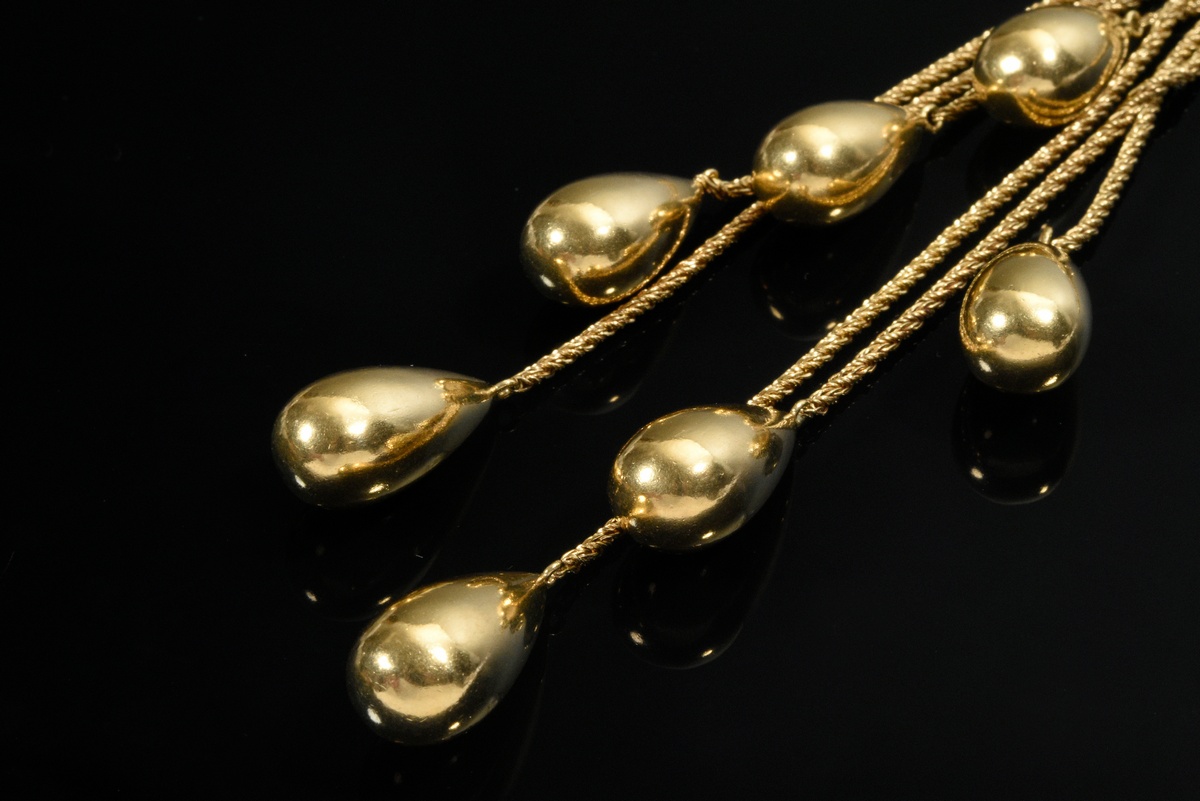 Midcentury yellow gold 750 necklace with 7 drop pendants on chains of different lengths on a 5-stra - Image 3 of 5
