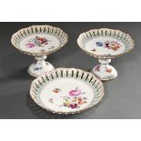 3 Pieces Dresden porcelain tops and bowl with openwork rim and fine flower painting, AR mark, 19th 