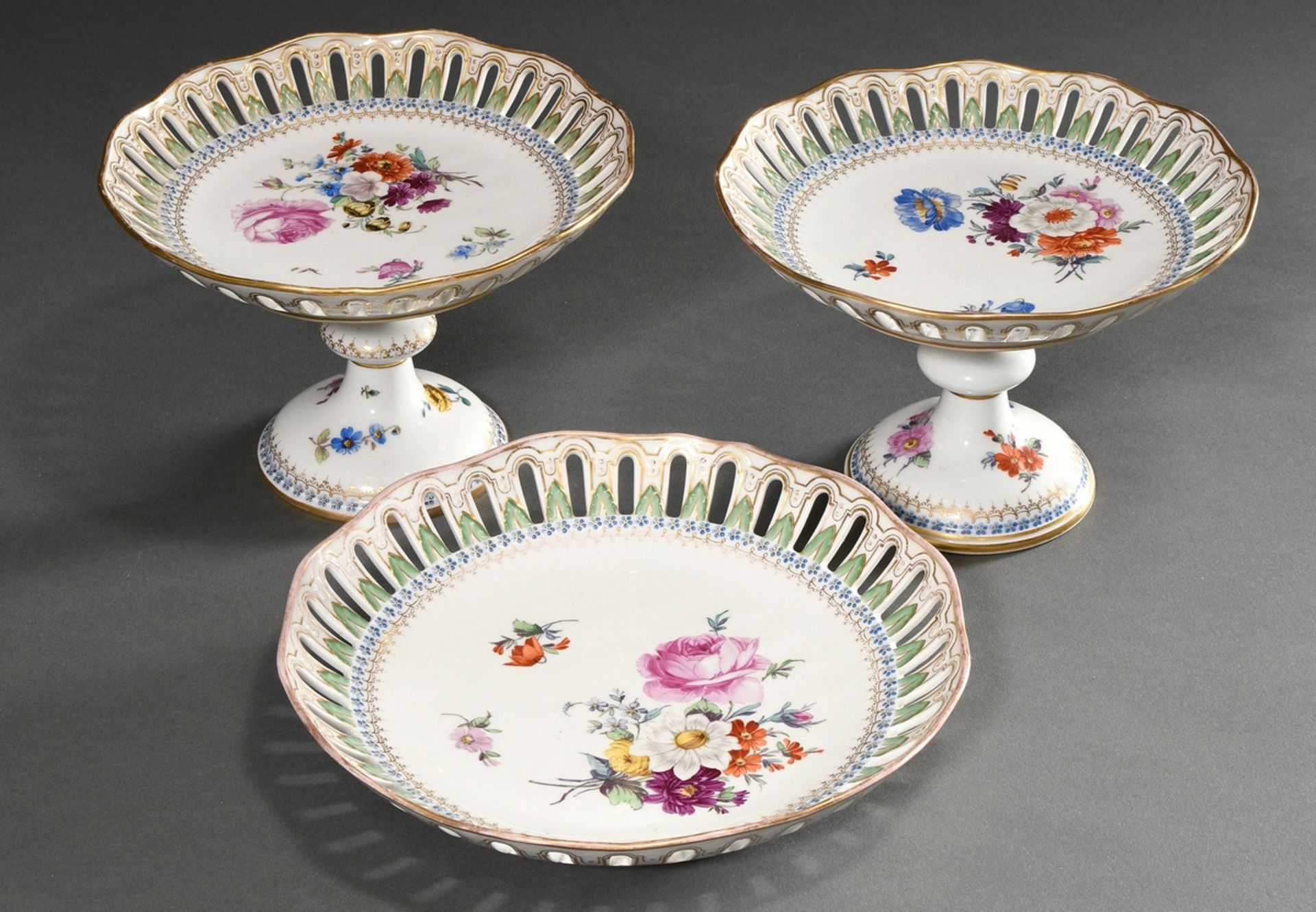 3 Pieces Dresden porcelain tops and bowl with openwork rim and fine flower painting, AR mark, 19th 