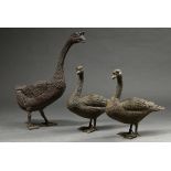 3 Bronze sculptures "Hump-backed swan with 2 young swans", h. 49/51/75cm, signs of age