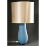 Venini table lamp with ovoid glass base in light blue opaque glass on black stand ring, old glue on