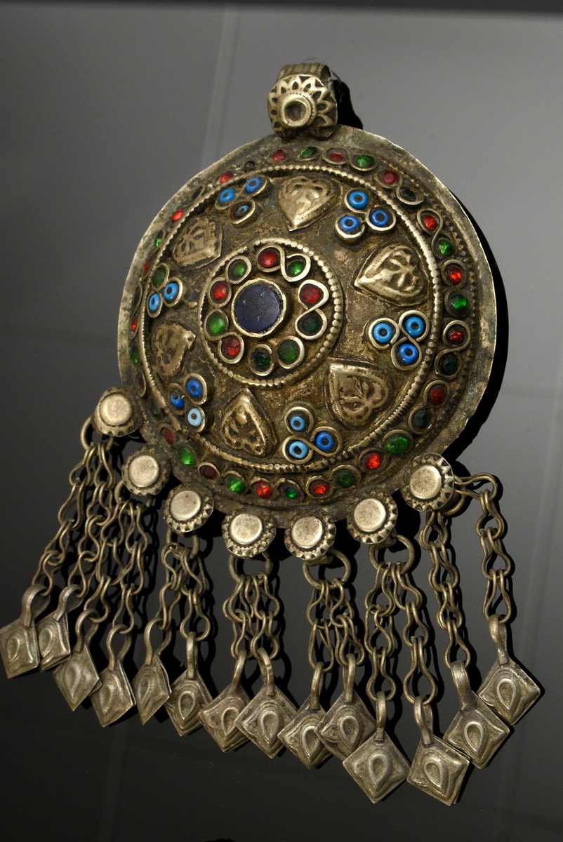 3 Various Afghan pendants: 1 mounted on fabric with stones, beads and bells and 2 domed discs with  - Image 5 of 10