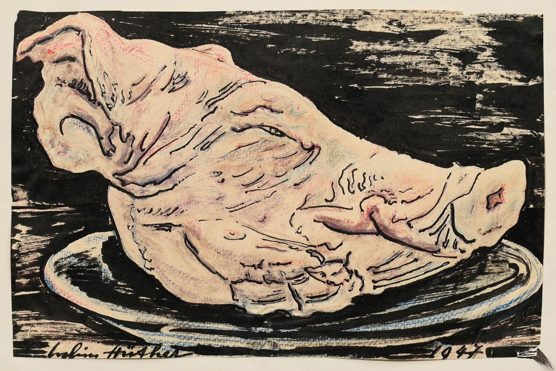 Hüther, Julius (1881-1954) 'Pig's Head' 1947, ink/gouache/colour pencil, sign./dat., mounted on pap